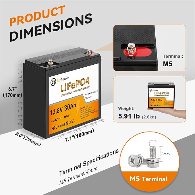12V 30Ah LiFePO4 Battery,5000+ Deep Cycle Lithium Battery,Low-Temperature Protection,30A BMS,for Fish Finder, Trolling Motor, Kids Scooters, Power Wheel Chair,Boat, RV, etc