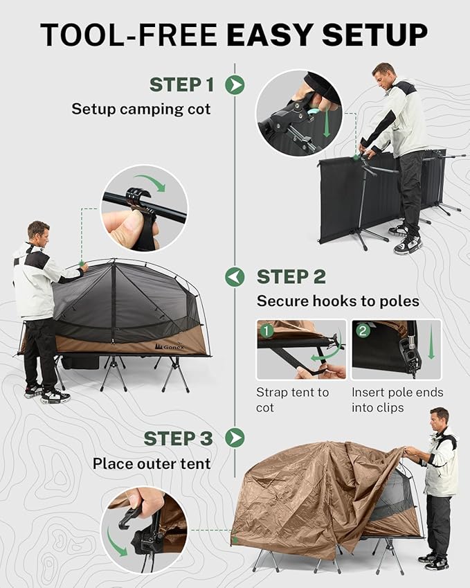 Gonex Camping Tent Cot for Adults, 1-Person Off-Ground Folding Portable Easy Set-up Tent Cot Combo for Hiking, Backpacking, Car & Motorcycle Camping(31.5" W X 78.7" L)-Khaki