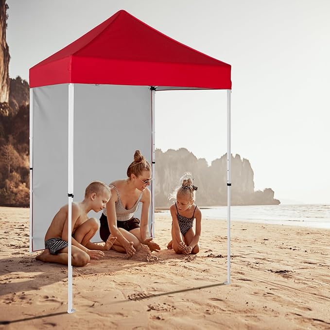 5x5 Pop Up Canopy Tent with One Sidewall, Instant Portable Beach Canopy, Outdoor Tent with Carry Bag for Camping, Sports, Tailgating, Events, Red