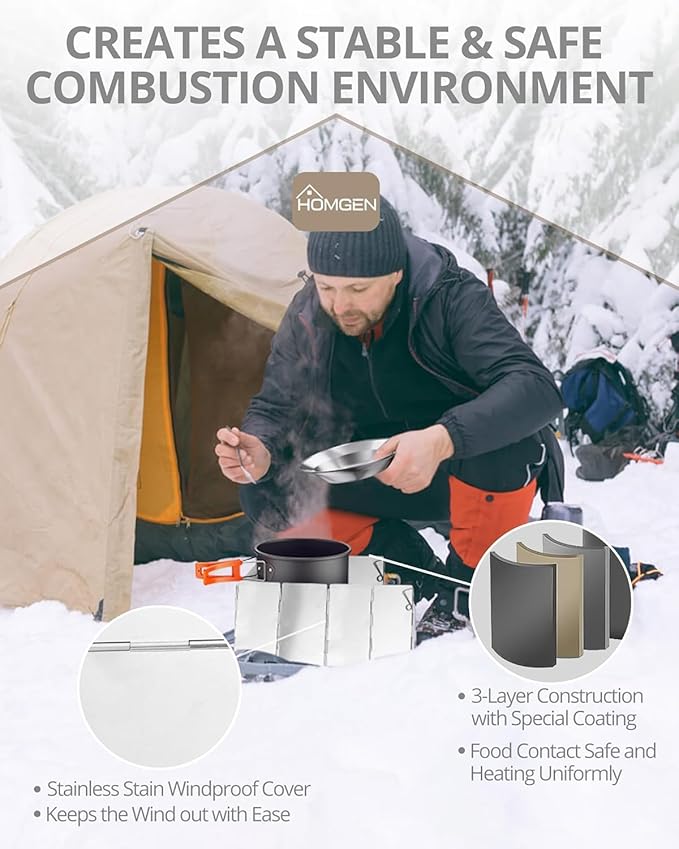 HOMGEN 17-Piece Camping Cooking Set with Stove Windshield & 2 Plates - Lightweight Aluminum Nesting Pot/Frying Pan Teapot - Complete Camping Mess Kit for Backpacking Picnics Outdoor Cooking Camping