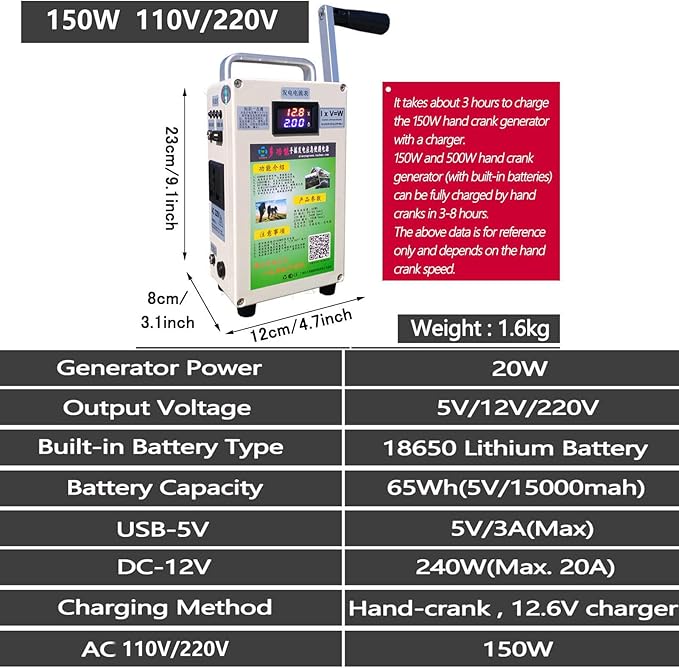 150W/500W Portable Hand Crank Generator 110V/220V, Large Capacity Lithium Battery, Power Supply USB Charger Phone Car Charging Survival for Outdoor Emergency Power Camping,150W-220V