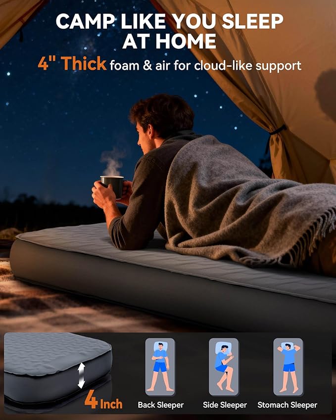 Hikenture 4" Thick Self Inflating Sleeping Pad, Foam & Air Camping Mattress, 9.5 R-Value Insulated Sleeping Mat, Portable All Season Camping Pad for Tent, Car, Cot, Truck