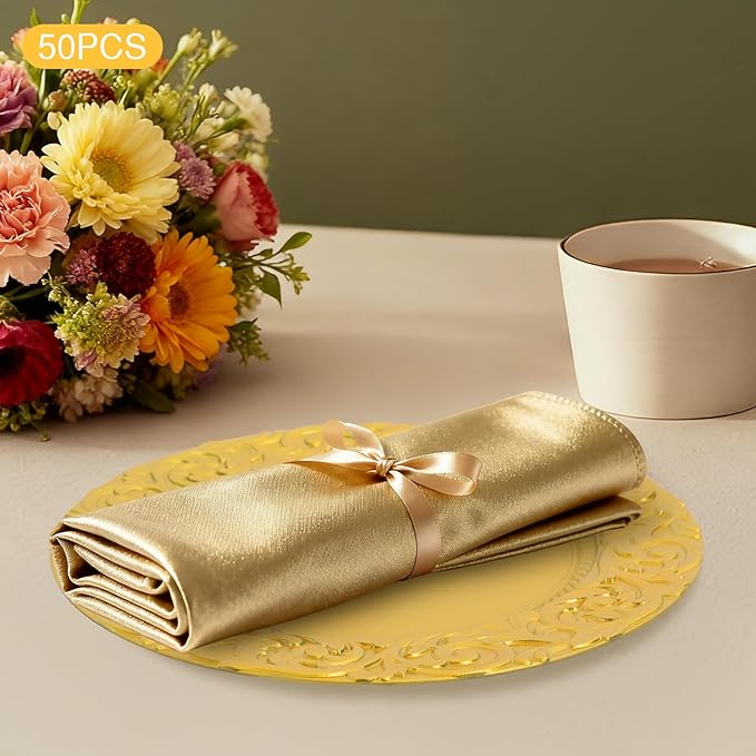 50 Pcs Gold Charger Plates Bulk, 13" Round Plastic Embossed Charger Plates, Decorative Table Dinner Chargers for Thanksgiving, Halloween, Wedding, Party, Christmas, Decor (Gold)