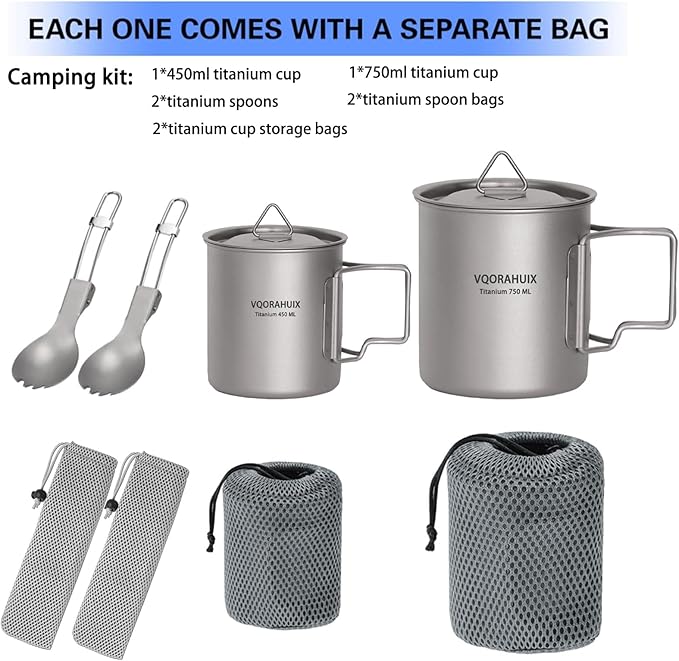 Titanium Mug Camping Pot Titanium Cup 420ml & 750ml Titanium Pot with Lid, Spork, Bag Lightweight Titanium Camping Pot for Backpacking Hiking Picnic and Traveling