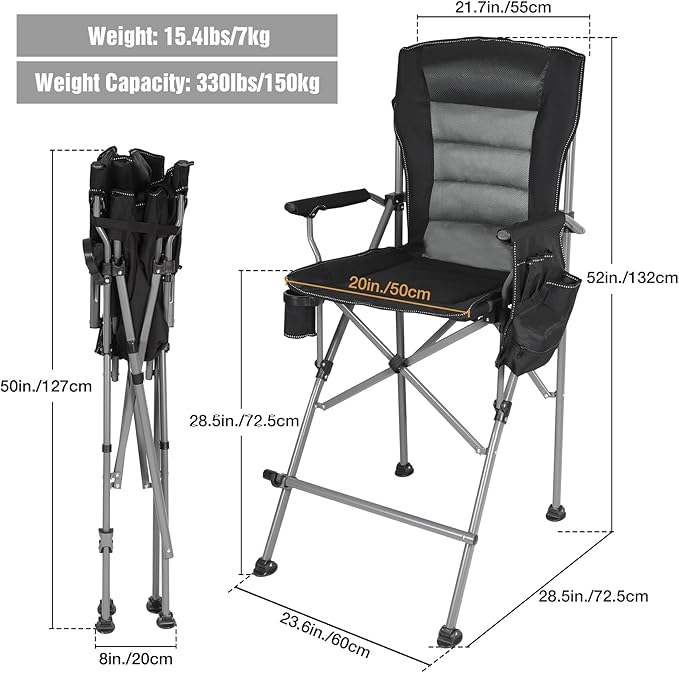 Extra Tall Folding Chairs for Adults 2 Pack, Portable Bar Height Foldable Director Chairs for Camping Outside, Comfortable with Makeup PocketHigh Back and Footrest, Black