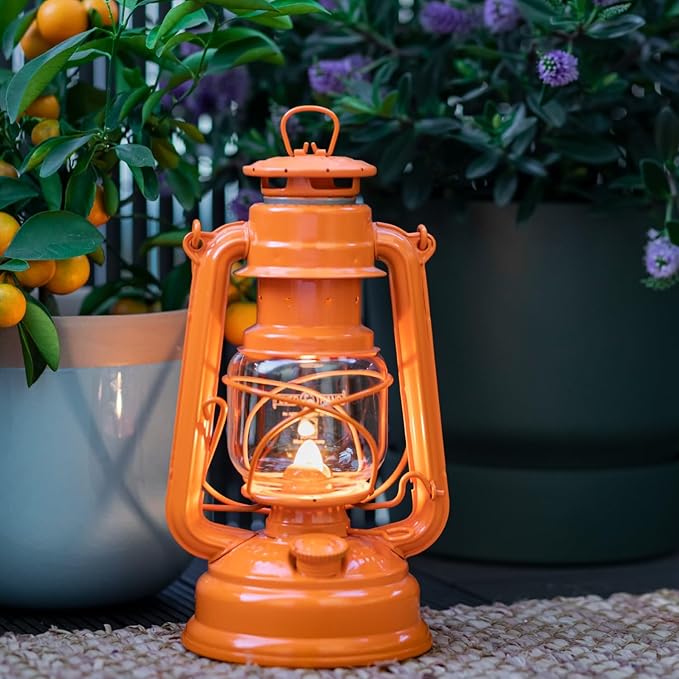 Feuerhand Outdoor Kerosene Fuel Lantern, German Made Weather Resistant Baby Special 276 Galvanized Hurricane Lamp for Camping or Patio, 10 Inches, Pastel Orange