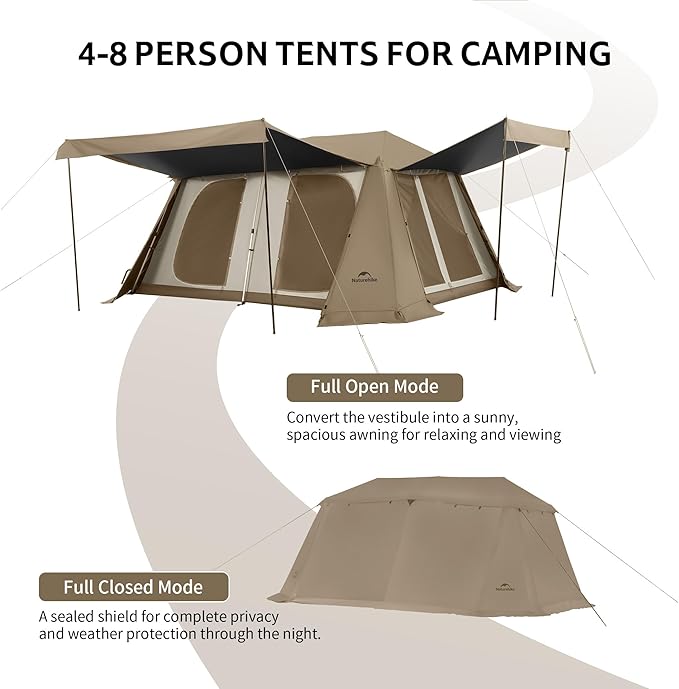 Naturehike Village Instant Tent, 4 Person 8 Person Camping Tent with Full Rainfly, Waterproof Large Cabin Tents for Car Camping