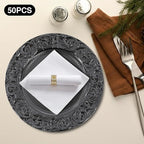 50 Pcs Black Charger Plates Bulk, 13" Round Dinner Charger Plates, Decorative Plastic Embossed Table Chargers for Wedding Holiday Party Baby Shower Event Decoration (Black)