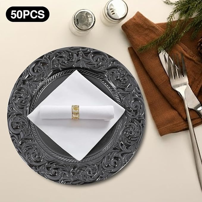 50 Pcs Black Charger Plates Bulk, 13" Round Dinner Charger Plates, Decorative Plastic Embossed Table Chargers for Wedding Holiday Party Baby Shower Event Decoration (Black)