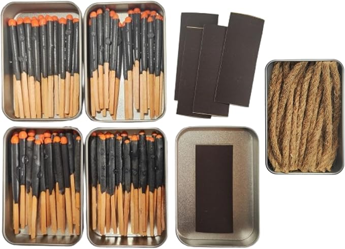 Survival Waterproof Match Kit – 80 Fire Starters with Extra Striker, Metal Tin & 20 Waxed Tinder Cords – Stormproof Windproof for Camping & Emergency (4 x Tin Matches + 1 x Tin Wax Rope (20))