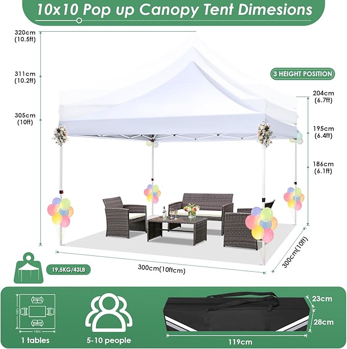 COBIZI Canopy 10x10 Pop Up Canopy Tent with 3 Sidewalls, Commercial Party Tent Ez Waterproof Outdoor Instant Gazebo UV 50+ Event Shelter, Garden Tents for Parties Camping with Sandbags，White