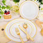 bUCLA 600Pcs White and Gold Plastic Plates - Gold Disposable Dinnerware Set for 100 Guests Include 100 Dinner & 100 Dessert Plates, 100 Cups, 100 Forks, 100 Spoons, 100 Knives for Party