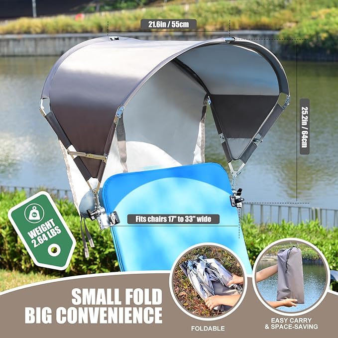 Universal Chair Umbrella Canopy, UPF 50+ Chair Sun Shade Attachment with Adjustable Clamp Fits Most Brands’ Beach, Camping, Lawn, Wheelchair, Tanning, Zero Gravity, Lounge, Fishing Chairs, Patented
