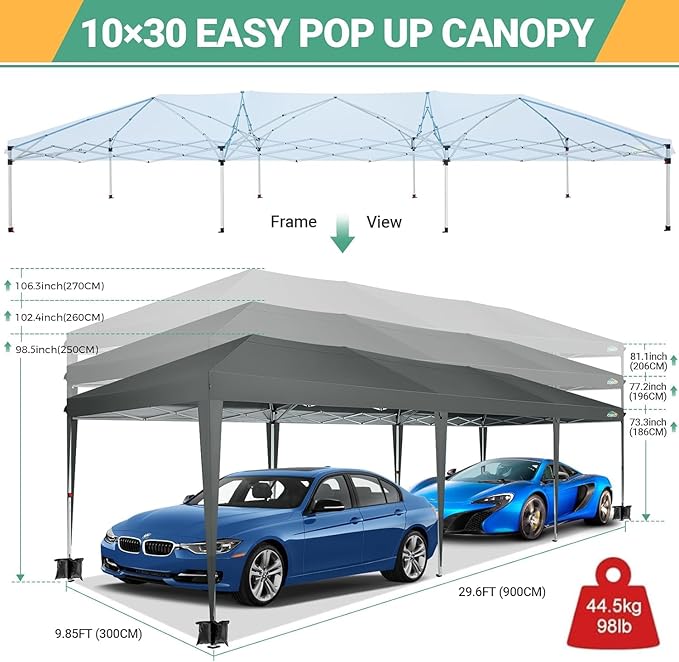 COBIZI 10x30 Pop Up Canopy Tent with 8 Sidewalls Party Tents Waterproof UPF 50+ Commercial Instant Outdoor Events Tent for Parties Markets Backyard, Ropes, Sandbags（10 x 30 ft Gray