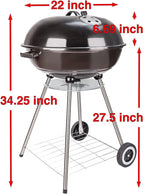 22 Inch Portable Charcoal Grill with Wheels for Outdoor Cooking Barbecue Camping BBQ Coal Kettle Grill - Heavy Duty Round with Thickened Grilling Bowl Wheels for Small Patio Backyard