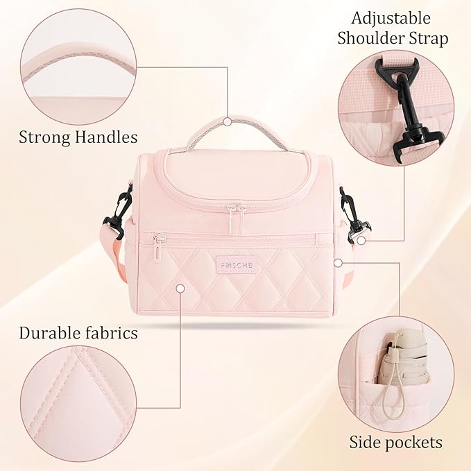 Lunch Bag for Women Soft Insulated,Leakproof Lunch Box with Straps Lightweight,Reusable Lunch Cooler for Work Meal Camping Travel,Pink