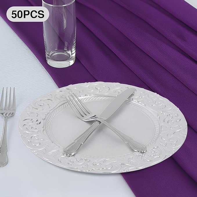 50 Pcs Silver Charger Plates Bulk, 13" Round Plastic Embossed Charger Plates, Decorative Table Dinner Chargers for Thanksgiving, Halloween, Wedding, Party, Christmas, Decor (Silver)