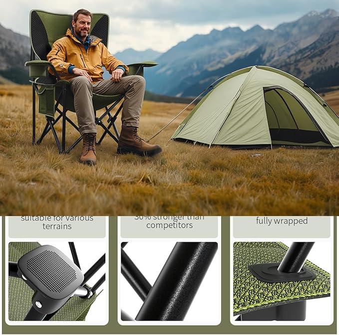 Heavy Duty Folding Chair 500LB Capacity, Oversized Camping Chairs with Cup Holder, Cooler Bag & Storage Pouch, Double-Layer Fabric, Outdoor Chairs for Sports, Lawn Chairs (1, Black Green, Oversized)