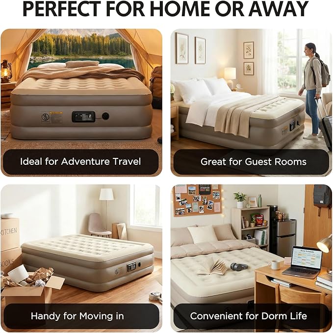 Simpli Comfy Inflatable 18” Queen Air Mattress with Built in Pump Self Inflating Blow Up Durable Heavy Duty Stay Firm Comfortable Air Bed Elevated for Home Guest Travel Relocate Camping