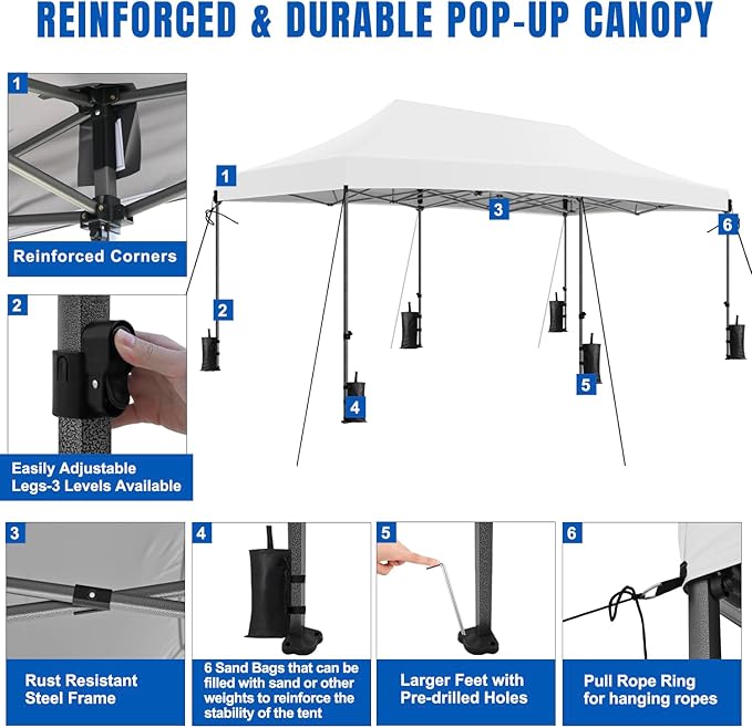 Yesker 10x20 Pop Up Canopy Tent with Sidewalls Instant Outdoor Canopy, Waterproof & UV Protection, Easy Setup Adjustable Height Heavy Duty Shelter Gazebo Tent for Patio Backyard Party Events, White