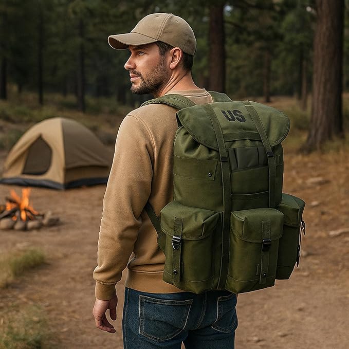 Military ALICE Pack Large Size with 2pcs Support Shelf – Tactical Rucksack with Expandable Straps, Aluminum Quick-Release Buckles, and Enhanced Waist Support – US Logo, Army Green