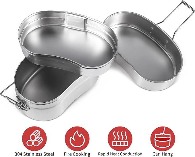 Goetland German Style M31 Military Mess Kit Mess Tin 304 Stainless Steel Backpacking Cookware Set Camping Pot Pan Set