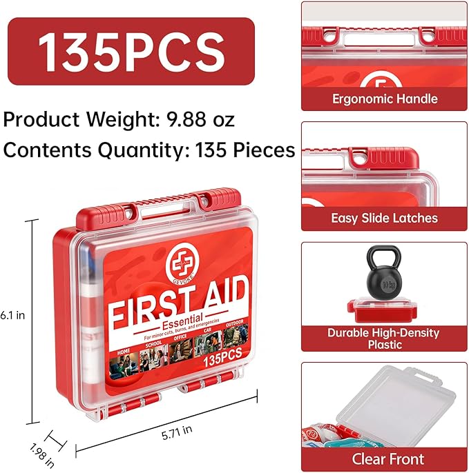 Mini First Aid Kit - 135 Piece HardCase First Aid Box for Home, Car, Travel, Camping, Hiking, Truck, Sports, Office, Vehicle & Outdoor Emergencies - Medical Kit (Small)