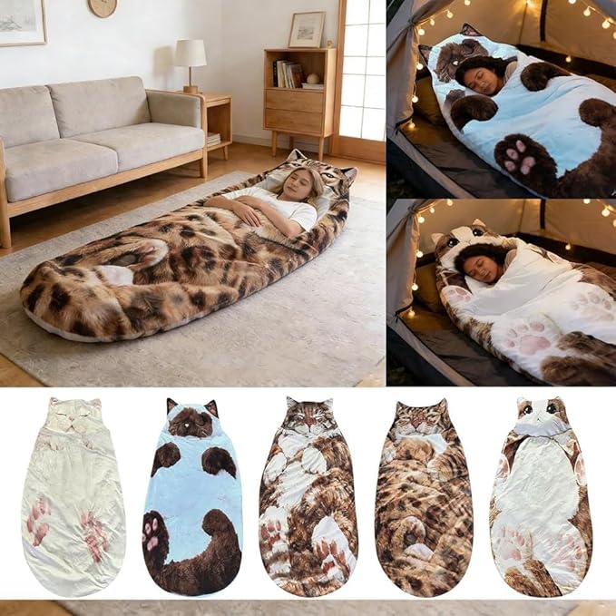 Fluffy Cat Sleeping Bag for Adults, Soft 68.9×31.5 Inch Adorable Envelope Sleeping Bag, Washable Warm Blanket for Camping and Home Lounging