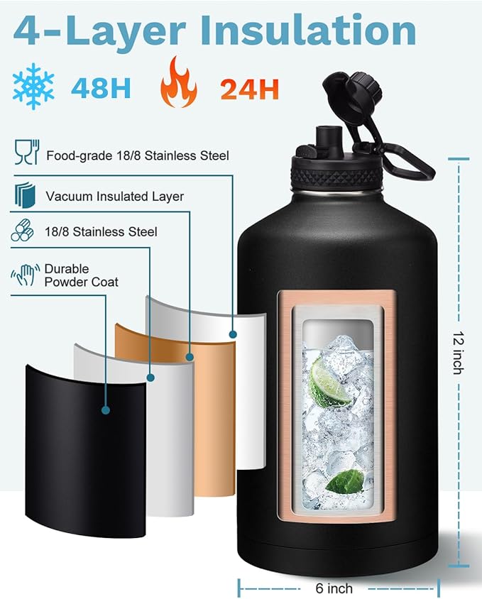 BENZZO 128 oz Insulated Water Bottle with Carrier Bag, 1 Gallon Metal Water Jug Keep Cold-48H Hot-24H, Giant Water Jug with Straw Lid & Spout Lid, Paracord Handle, Gallon Water Canteen for Work