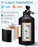 BENZZO 128 oz Insulated Water Bottle with Carrier Bag, 1 Gallon Metal Water Jug Keep Cold-48H Hot-24H, Giant Water Jug with Straw Lid & Spout Lid, Paracord Handle, Gallon Water Canteen for Work