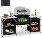 Seeutek Camping Kitchen Table, Aluminum Portable Outdoor Cooking Table Foldable Camp Table with Windscreen and 3 Storage Cupboards Multifunctional for BBQ, Party, Picnics & Outdoor Activities Black
