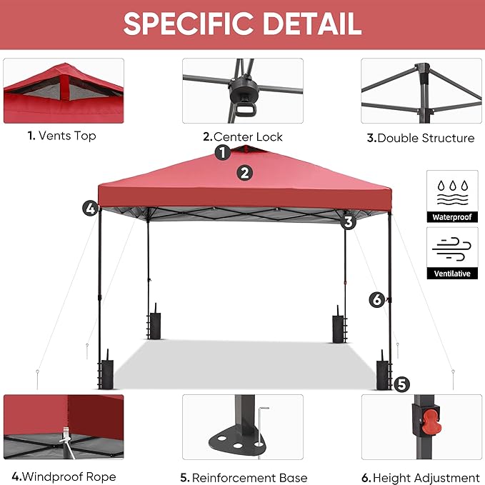 GDY 12x12 Pop Up Canopy Patio Carpas, One Push Set up with Central Lock Canopy with Wheeled Carry Bag, Included 4 Sandbaogs,8 Stakes and 4 Ropes, Red