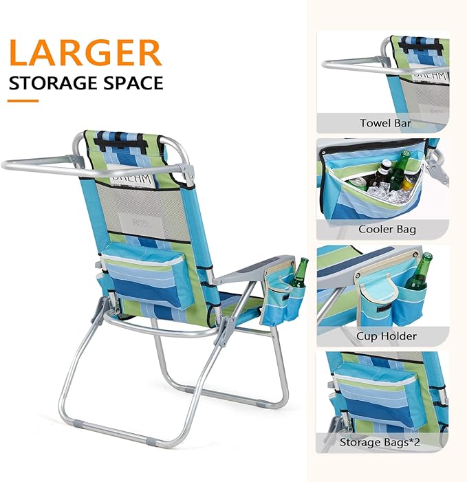 VINGLI Tall Beach Chair 1 Pack, with 5-Position, Cooler Bag, Cup Holders, Towel Bar, Lightweight Folding Beach Camping Chairs for Adults