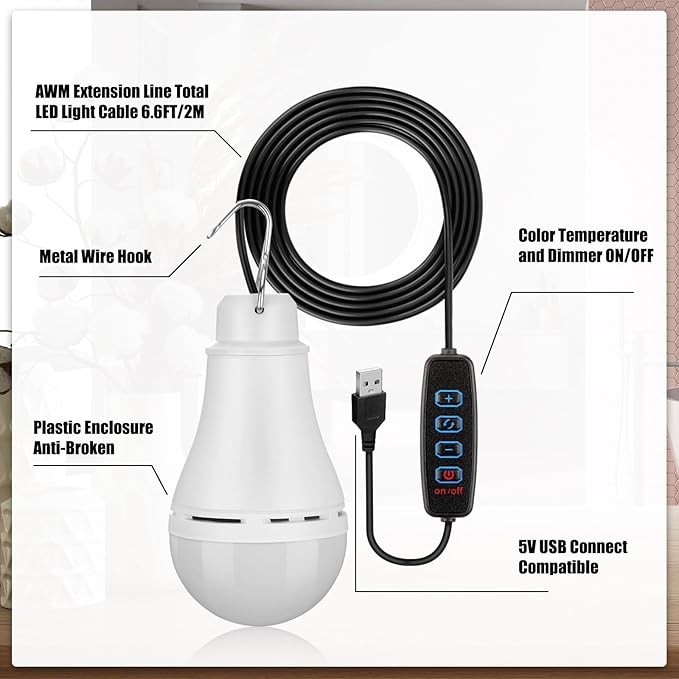 12 Pcs USB Light String LED Portable Light Bulb Rechargeable USB Strip Camping Lantern with Splitter Cable for Camping Porch Backyard Garage Warehouse Truck Fishing Boat