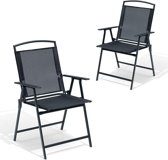 Crestlive Products Patio Folding Chairs Set of 2, Outdoor Folding Chairs with Durable Rust-Resistant Frame and Breathable Textilene Material for Outside, Black