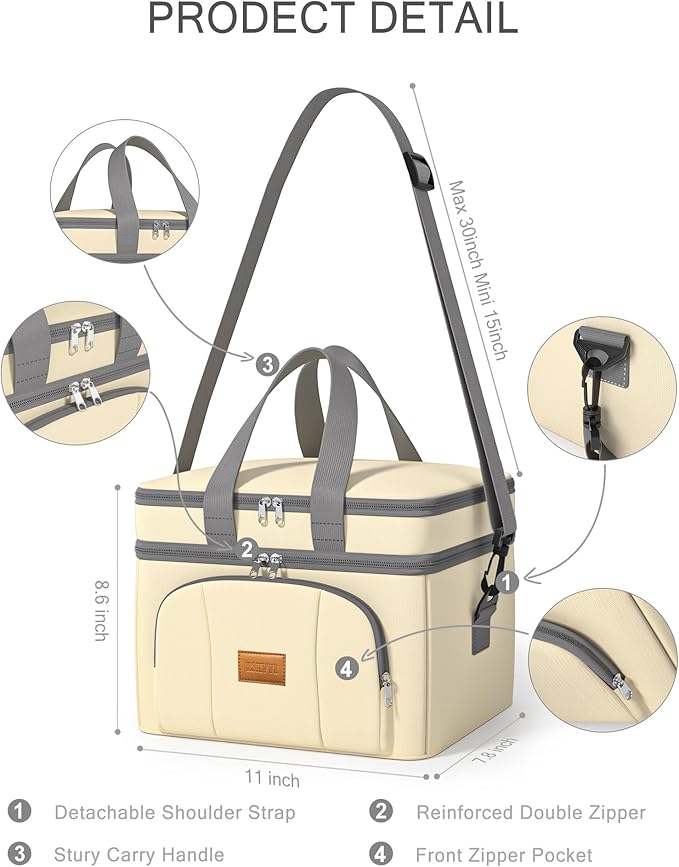 Rnivvi Lunch Box for Women, Double Decker Insulated Cooler Bag Lunch Bag Reusable Leakproof Tote Lunch Container with Strap for Work Family Picnic Hiking Camping, 18 Cans 12L, Large Adults, Beige