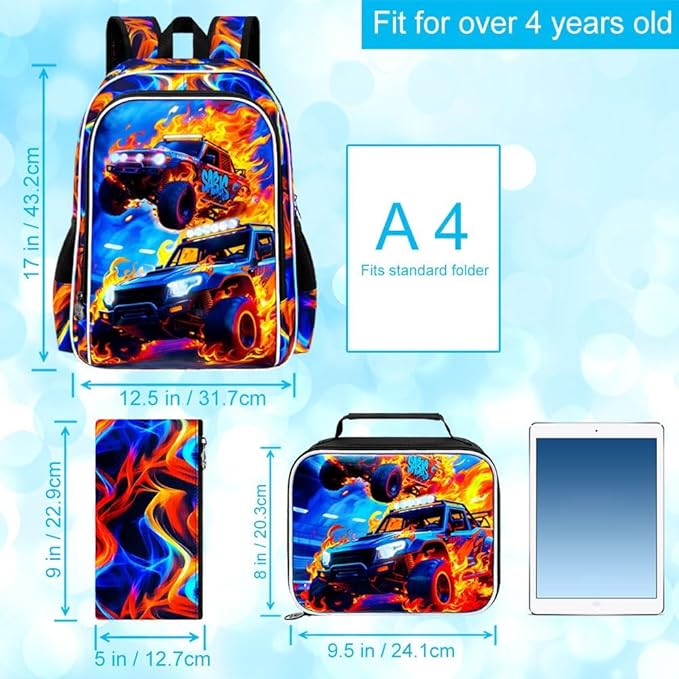 17" Truck Backpack for Boy, 3Pcs Fire Bookbag for Elementary Preschool Kindergarten, Kids School Backpacks with Lunch Box (Red)