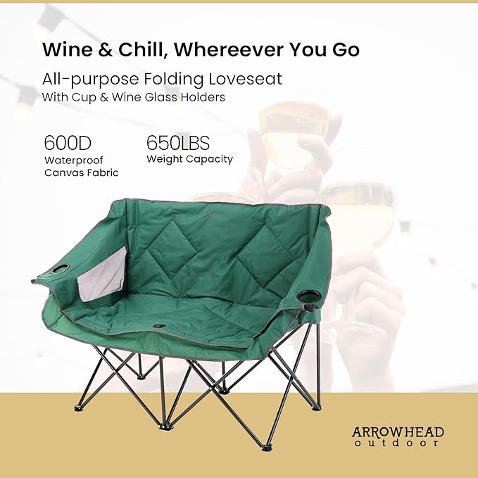 ARROWHEAD OUTDOOR Portable Folding Double Duo Camping Chair Loveseat w/ 2 Cup & Wine Glass Holder, Carrying Bag, Supports up to 500lbs