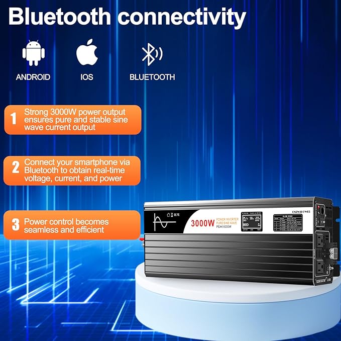 3000W Pure Sine Wave Power Inverter with Bluetooth, 6000W Surge, 12V DC(Range 10V-15V) to 120V AC Converter for Camping, RV, Truck & Home Backup