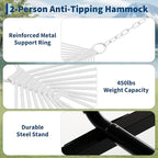 2 Person Double Hammock with Adjustable Steel Stand & Pillow, Heavy Duty Portable Outdoor Hammock Set, MAX 450 LBS Weight Capacity for Patio, Garden, Beach, Backyard