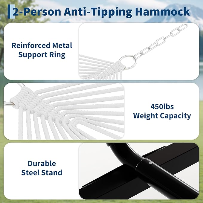 2 Person Double Hammock with Adjustable Steel Stand & Pillow, Heavy Duty Portable Outdoor Hammock Set, MAX 450 LBS Weight Capacity for Patio, Garden, Beach, Backyard