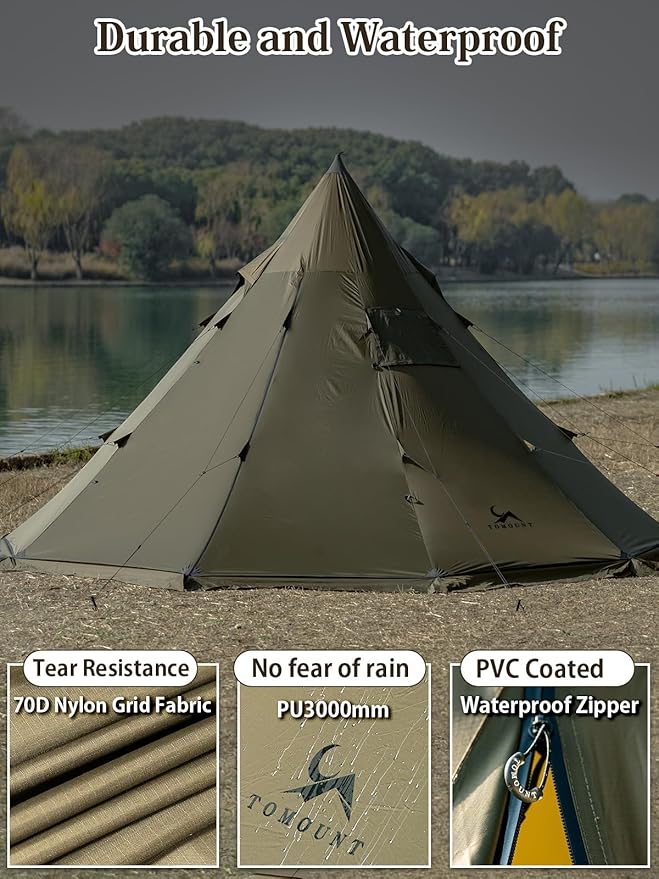 TOMOUNT Hot Tent, Tipi Teepee Tent with Stove Jack, 70D Ripstop Nylon, PU3000mm, Waterproof Lightweight for 2-4 Person, 4 Season Backpacking Hunting Hiking