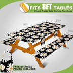 Fitted Picnic Table Cover with Bench Covers, Windproof Vinyl Table Cloths Outside Camping Cooking Backyard Furniture Seat Cushion Tablecloth Activities Party Decor Decorations Para Acampar Equipment