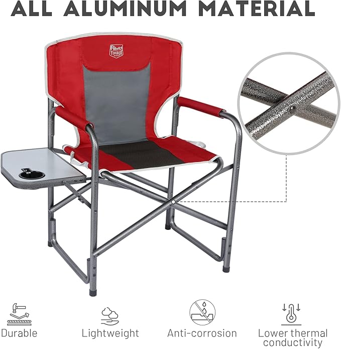 TIMBER RIDGE Lightweight Oversized Camping Chair, Aluminum Directors Chair with Side Table for Outdoor Camping, Lawn, Picnic and Fishing, Supports 400lbs, Red 2PCS