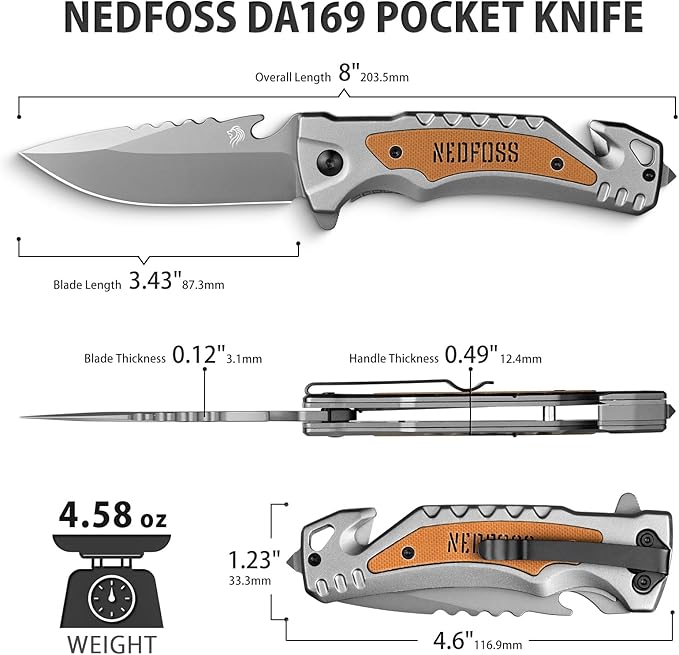 NedFoss DA169 Pocket Knife for Men Women, 4 in 1 Pocket Folding Tactical Knives, Survival Knife with Seat Belt Cutter, Glass Breaker, Bottle Opener Camping Knives, Cool Hunting knife for Men Knives, Mens Stocking Stuffers Fathers Day Gift for Dad (Grey)