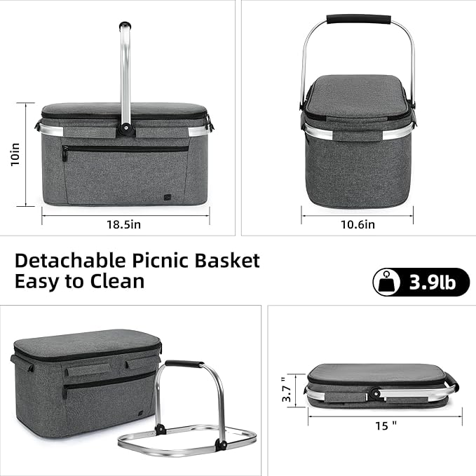 ALLCAMP Picnic Basket - 2 Ice Box Included 32L Insulated Cooler, Thickening Foldable Picnic Basket with Removable Baskets & Sewn-in Frame, Basket for House Warming Gifts New Home(Smoke Gray)