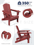 KINGYES Folding Adirondack Chair Set of 2, Dual Cup Holders & All-Weather HDPE, Wood-Like Patio Chair for Backyard, Camping, Pool & Fire Pit, Dark Red