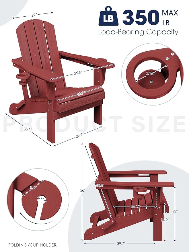 KINGYES Folding Adirondack Chair with Dual Cup Holders - HDPE All-Weather Outdoor Chairs, Wood-Like Patio Chair for Backyard, Camping, Pool & Fire Pit, Dark Red