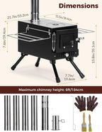 Upgraded Hot Tent Stove – High-Temperature Wood Burning with 7-Section Roll-Edge Chimney, Reinforced Door Frame, Airtight Body & Tempered Glass – Portable for Camping, Ice Fishing, Hunting