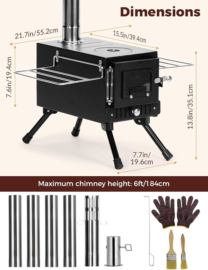 Upgraded Hot Tent Stove – High-Temperature Wood Burning with 7-Section Roll-Edge Chimney, Reinforced Door Frame, Airtight Body & Tempered Glass – Portable for Camping, Ice Fishing, Hunting